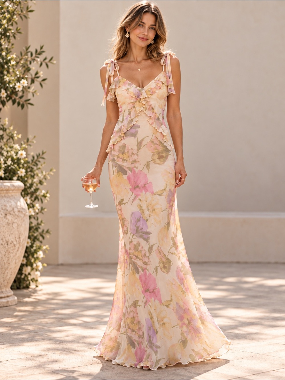 Taylor White Floral Ruffle Watercolor Maxi Garden Ethereal Wedding Chiffon